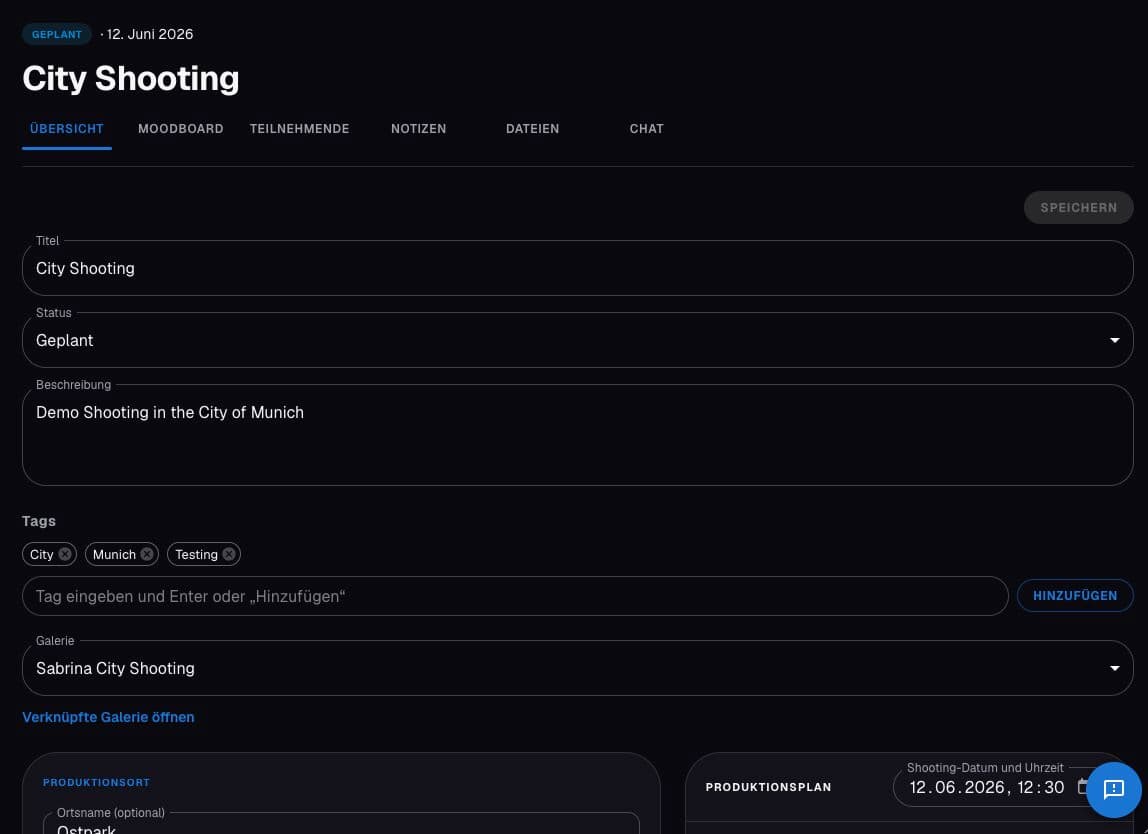 Shooting-Dashboard mit Planung und Session-Details
